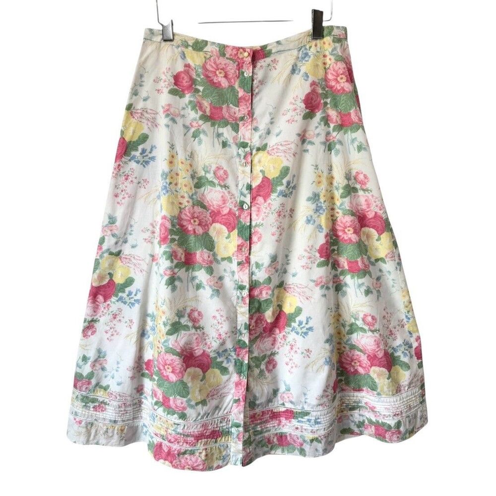 Vintage Ralph Lauren Button Front Maxi Skirt Cottagecore Rose Country Size 14